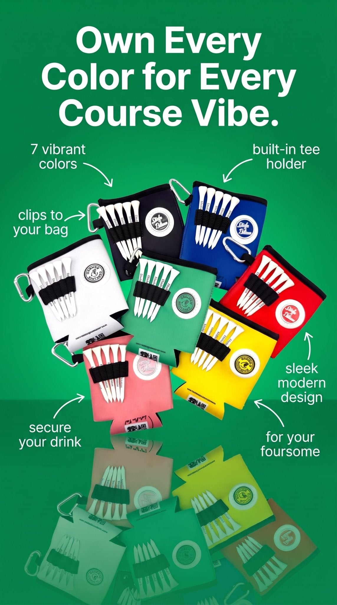 Beverage Caddie Collection (7 pack) 3-in-1 Golf Insulator, Removeable Ball Marker, Bag Clip & Tees Combo - Stroke & Distance