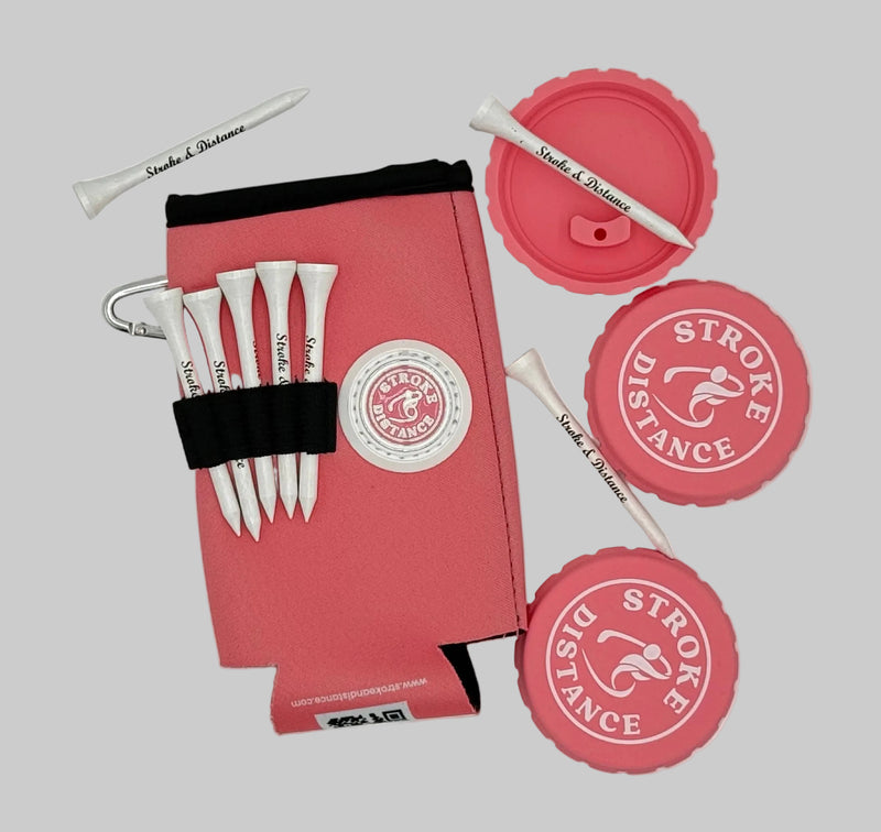 Golf accessories including golf tees, a golf ball marker, and a golf bag with 'Stroke Distance' branding on a white background.