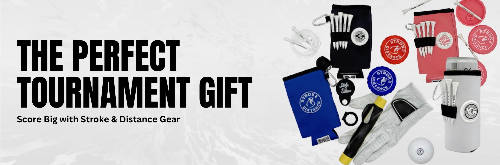 Promotional banner for golf tournament gear with various items on a white background.