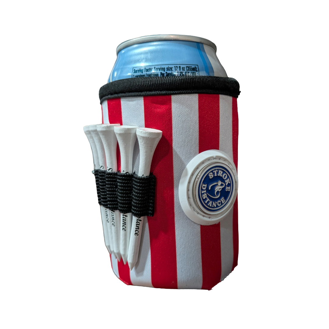 Red and white striped can cooler with golf tees and a logo on a white background