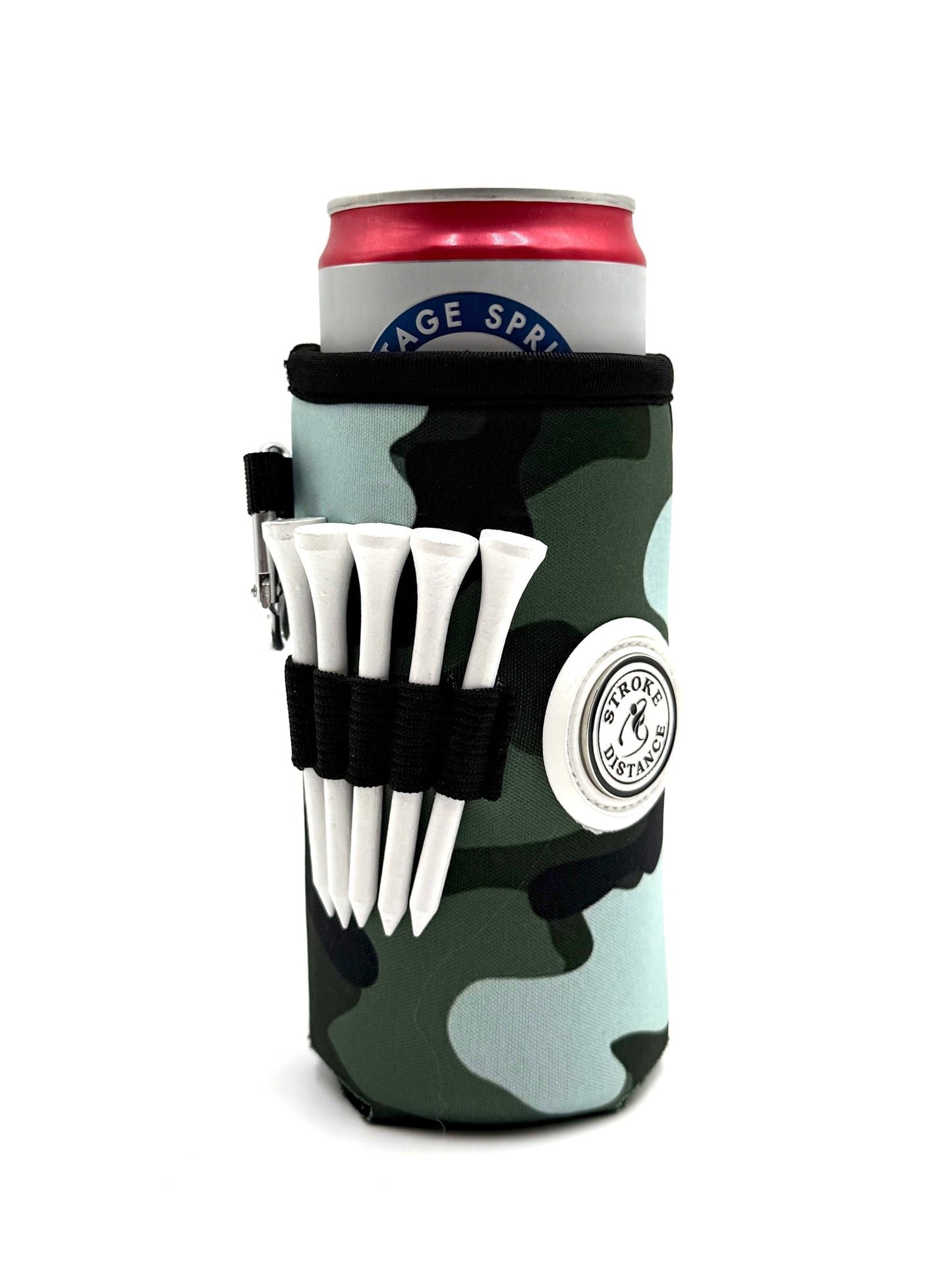 Beverage Caddie 3 - in - 1 Golf Insulator, Removeable Ball Marker, Bag Clip & Tees Combo - Stroke & Distance