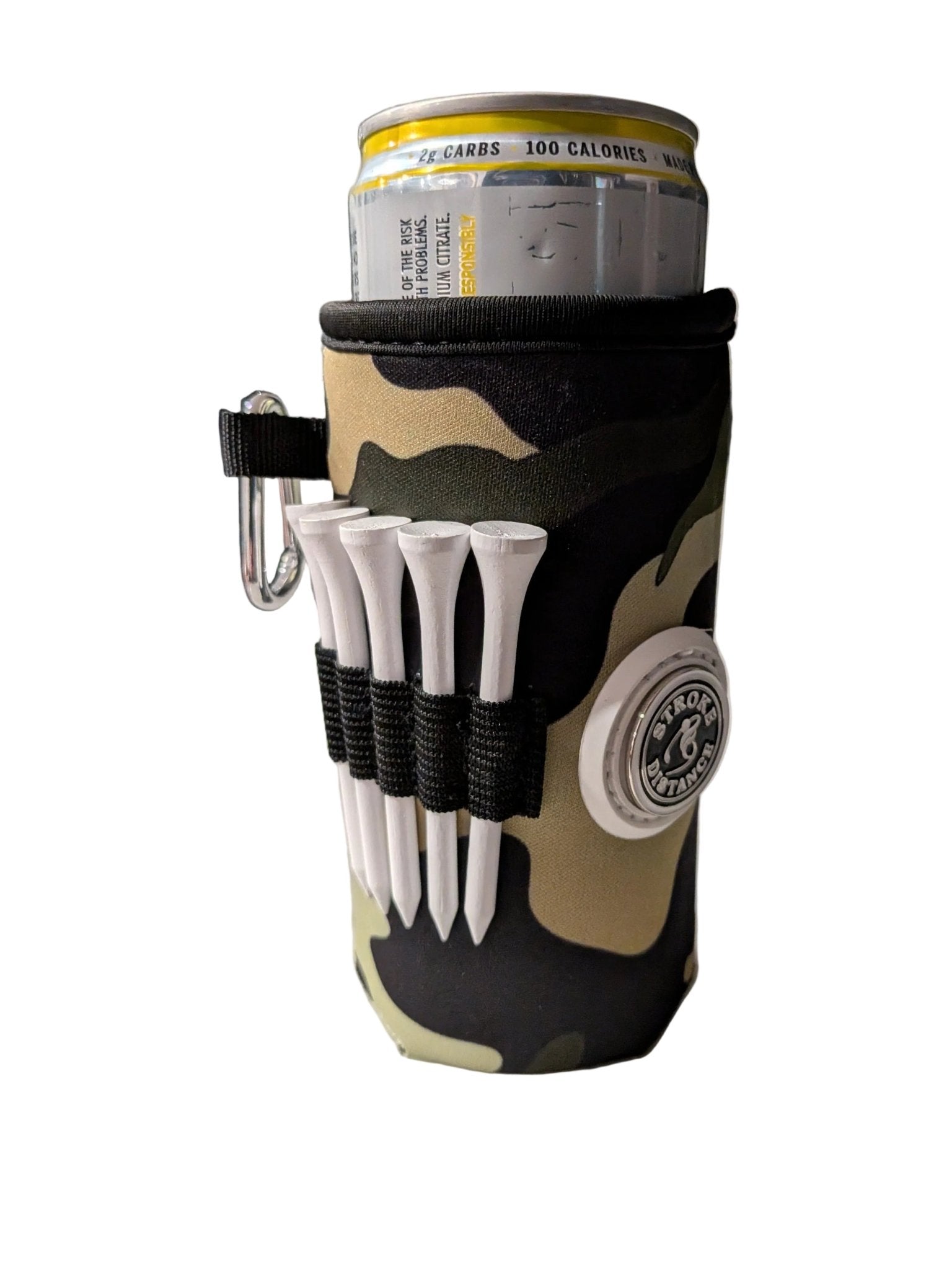 Beverage Caddie 3 - in - 1 Golf Insulator, Removeable Ball Marker, Bag Clip & Tees Combo - Stroke & Distance