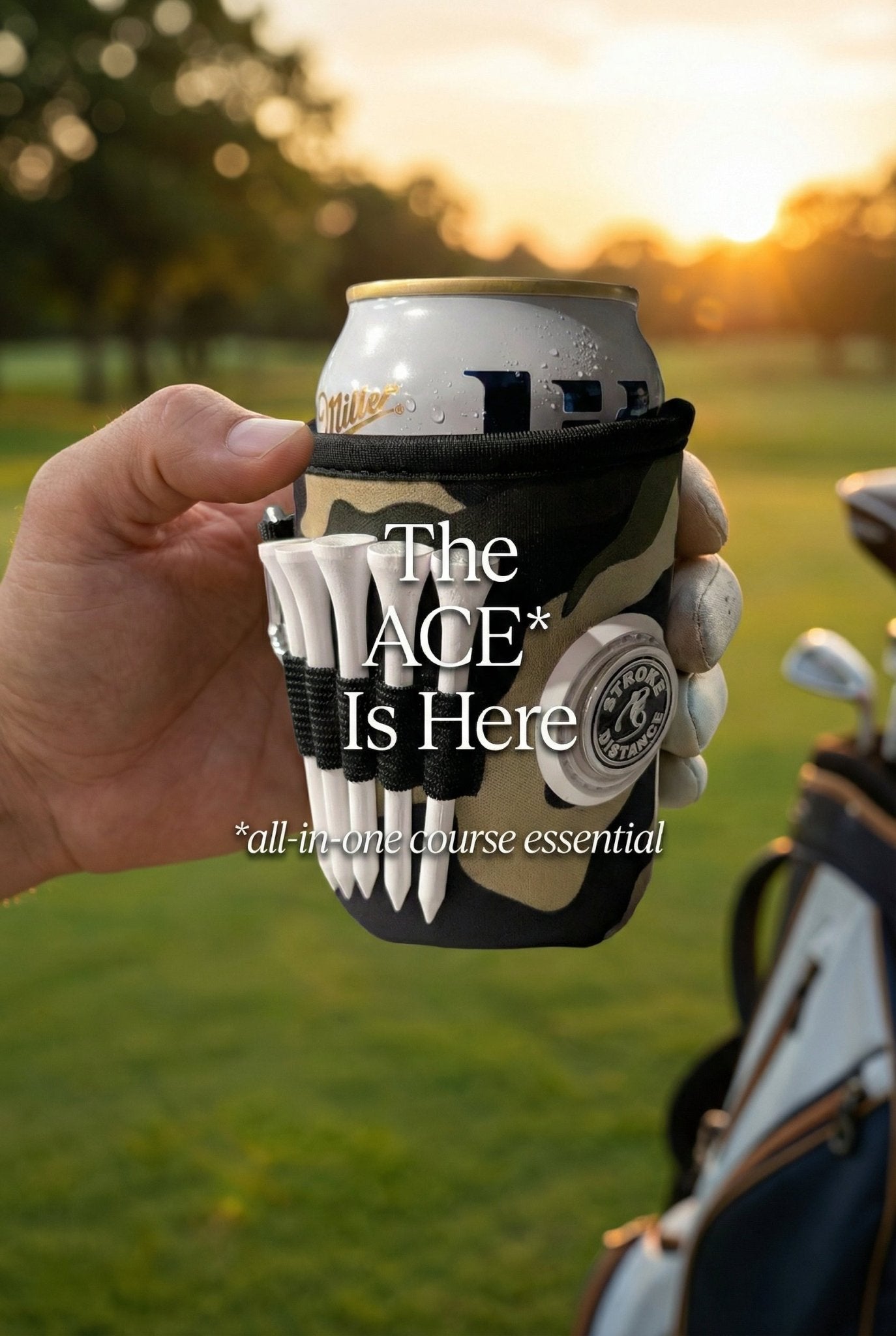 Beverage Caddie 3-in-1 Golf Insulator, Removeable Ball Marker, Bag Clip & Tees Combo - Stroke & Distance
