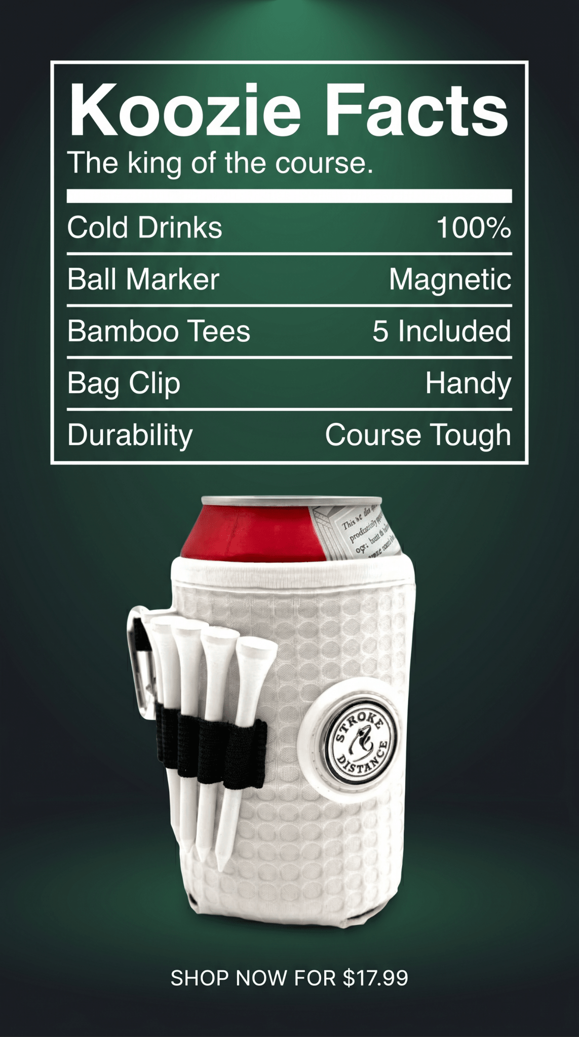 Beverage Caddie 3-in-1 Golf Insulator, Removeable Ball Marker, Bag Clip & Tees Combo - Stroke & Distance