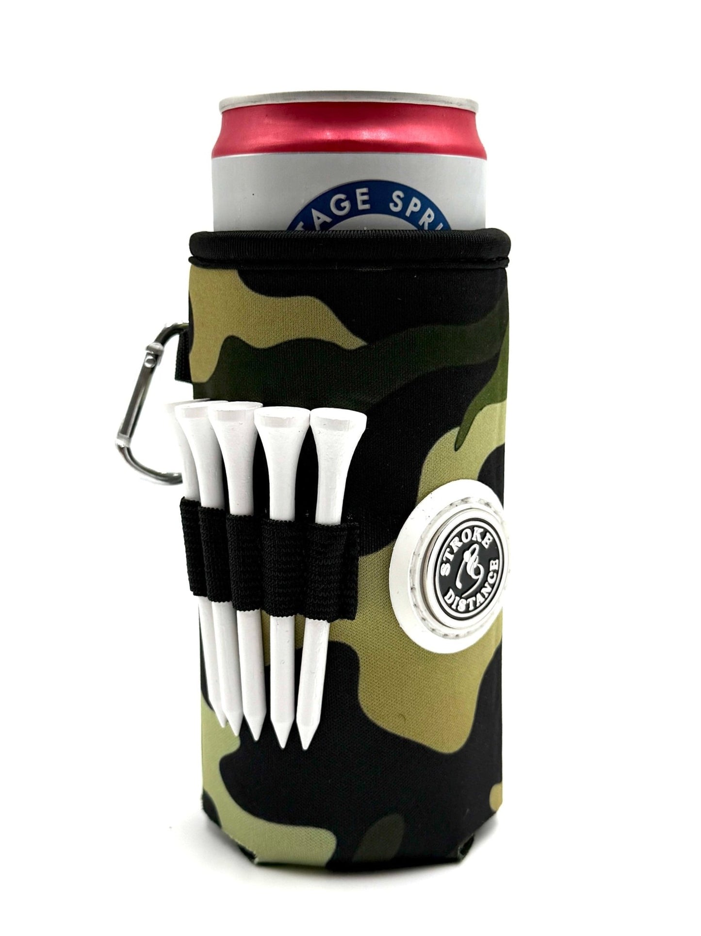 Beverage Caddie 3 - in - 1 Golf Insulator, Removeable Ball Marker, Bag Clip & Tees Combo - Stroke & Distance