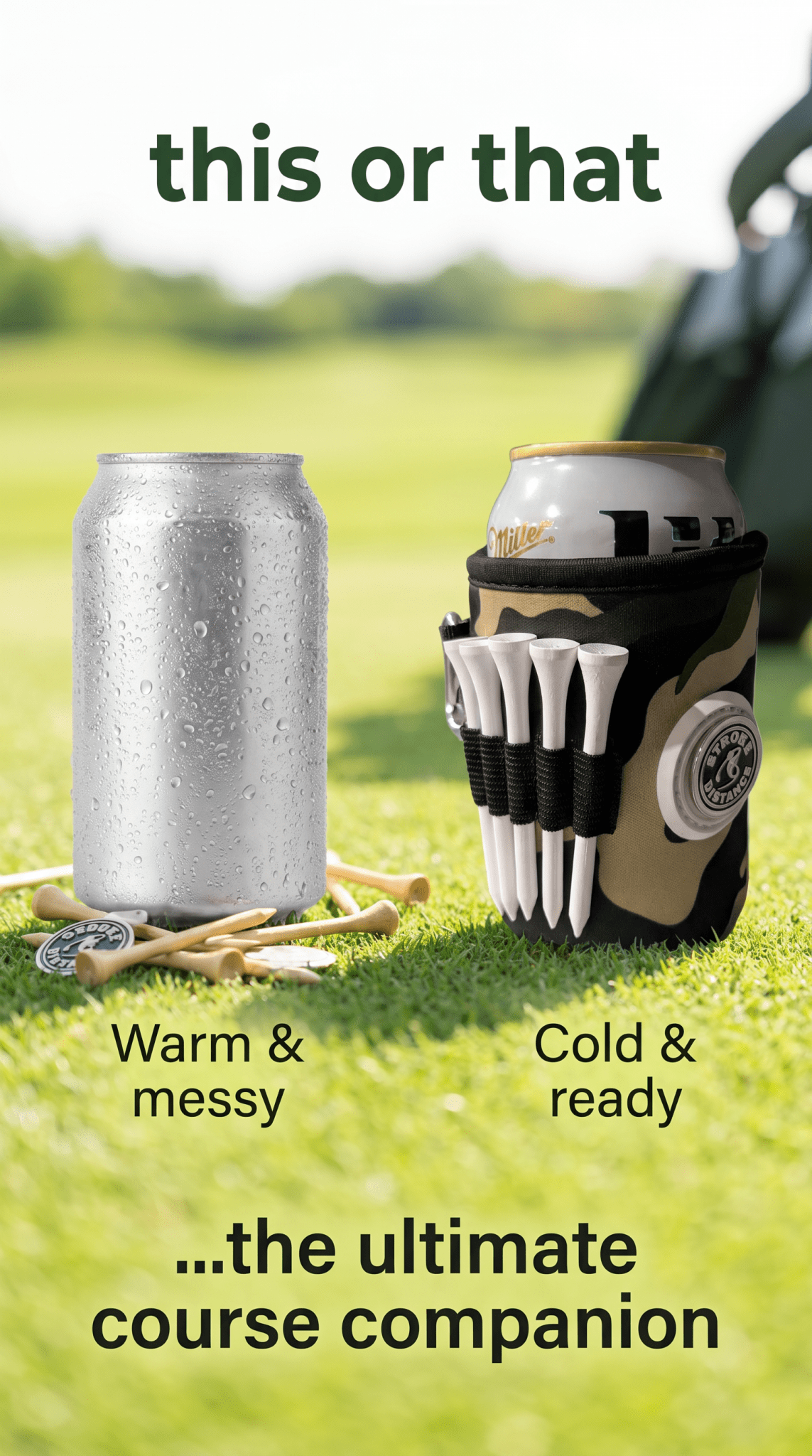 Beverage Caddie 3-in-1 Golf Insulator, Removeable Ball Marker, Bag Clip & Tees Combo - Stroke & Distance