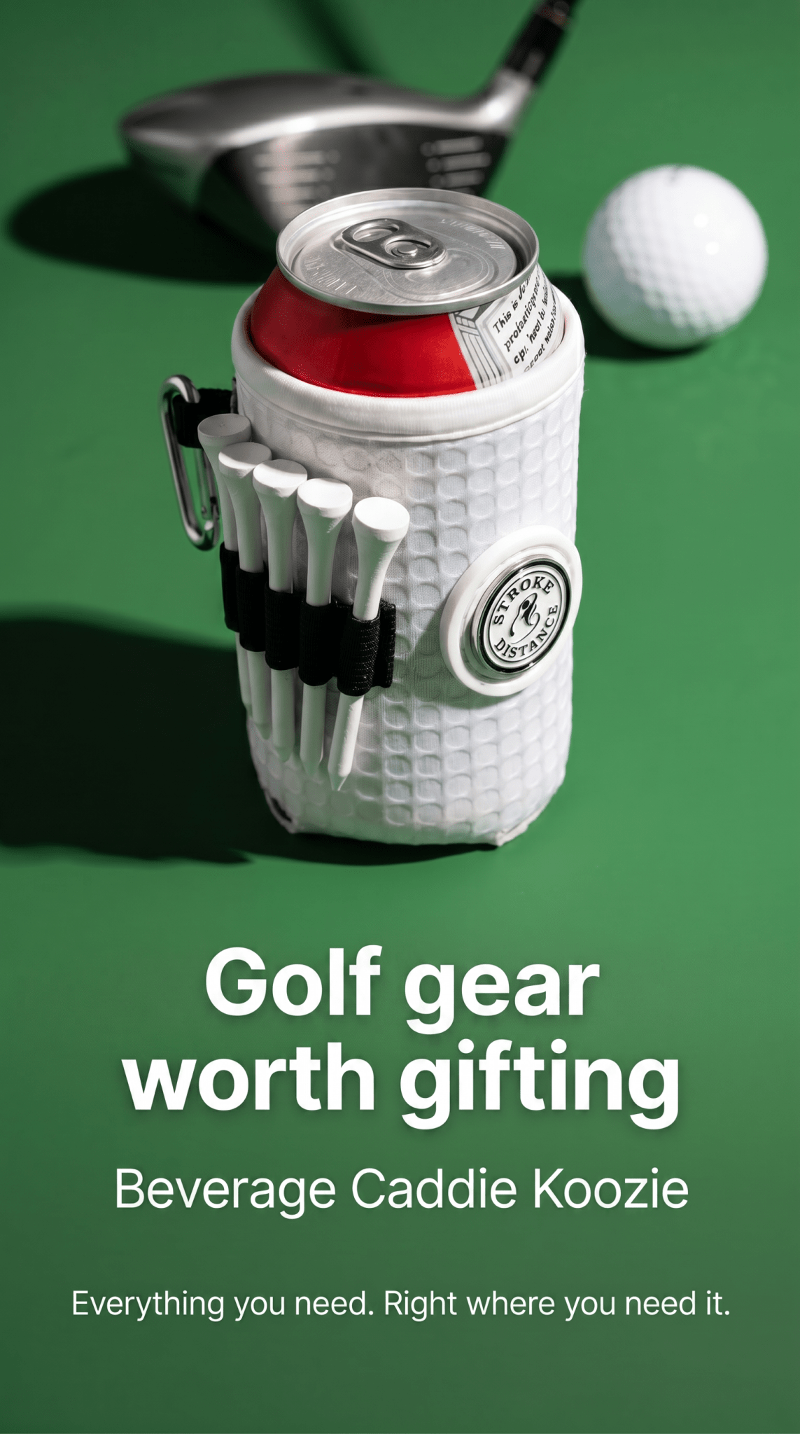 Beverage Caddie 3-in-1 Golf Insulator, Removeable Ball Marker, Bag Clip & Tees Combo - Stroke & Distance