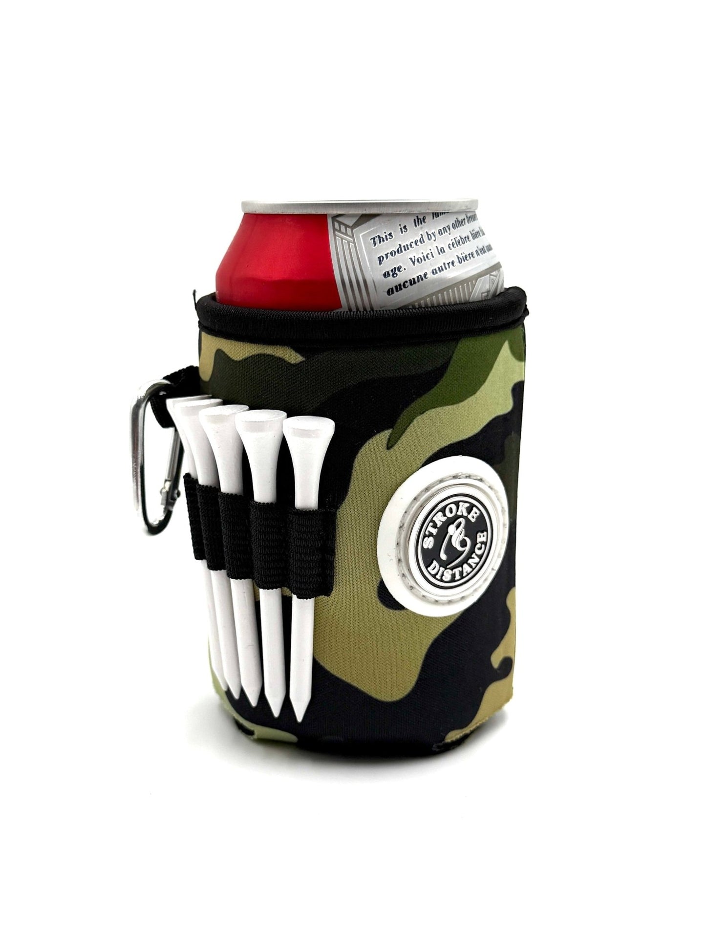 Beverage Caddie 3 - in - 1 Golf Insulator, Removeable Ball Marker, Bag Clip & Tees Combo - Stroke & Distance