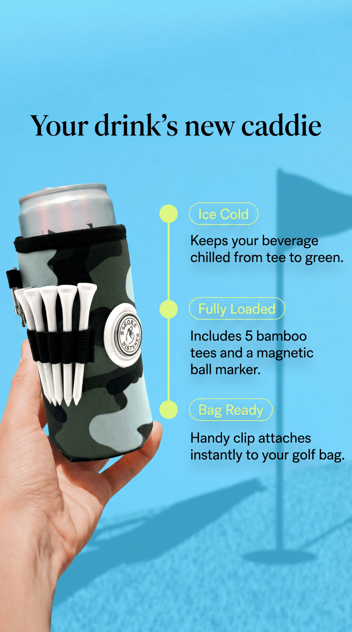Beverage Caddie 3-in-1 Golf Insulator, Removeable Ball Marker, Bag Clip & Tees Combo - Stroke & Distance