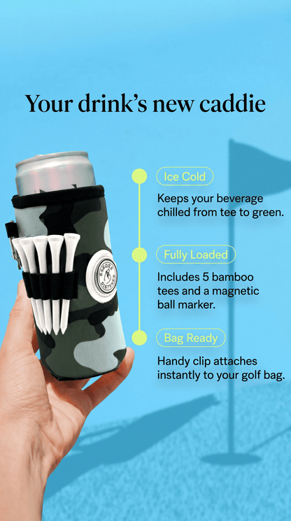 Beverage Caddie 3-in-1 Golf Insulator, Removeable Ball Marker, Bag Clip & Tees Combo - Stroke & Distance