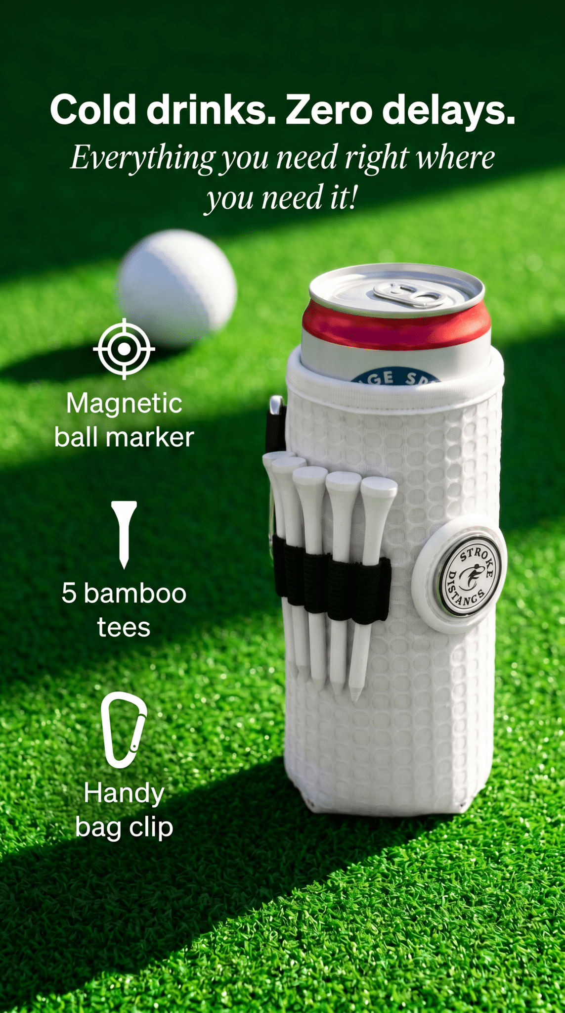 Beverage Caddie 3-in-1 Golf Insulator, Removeable Ball Marker, Bag Clip & Tees Combo - Stroke & Distance