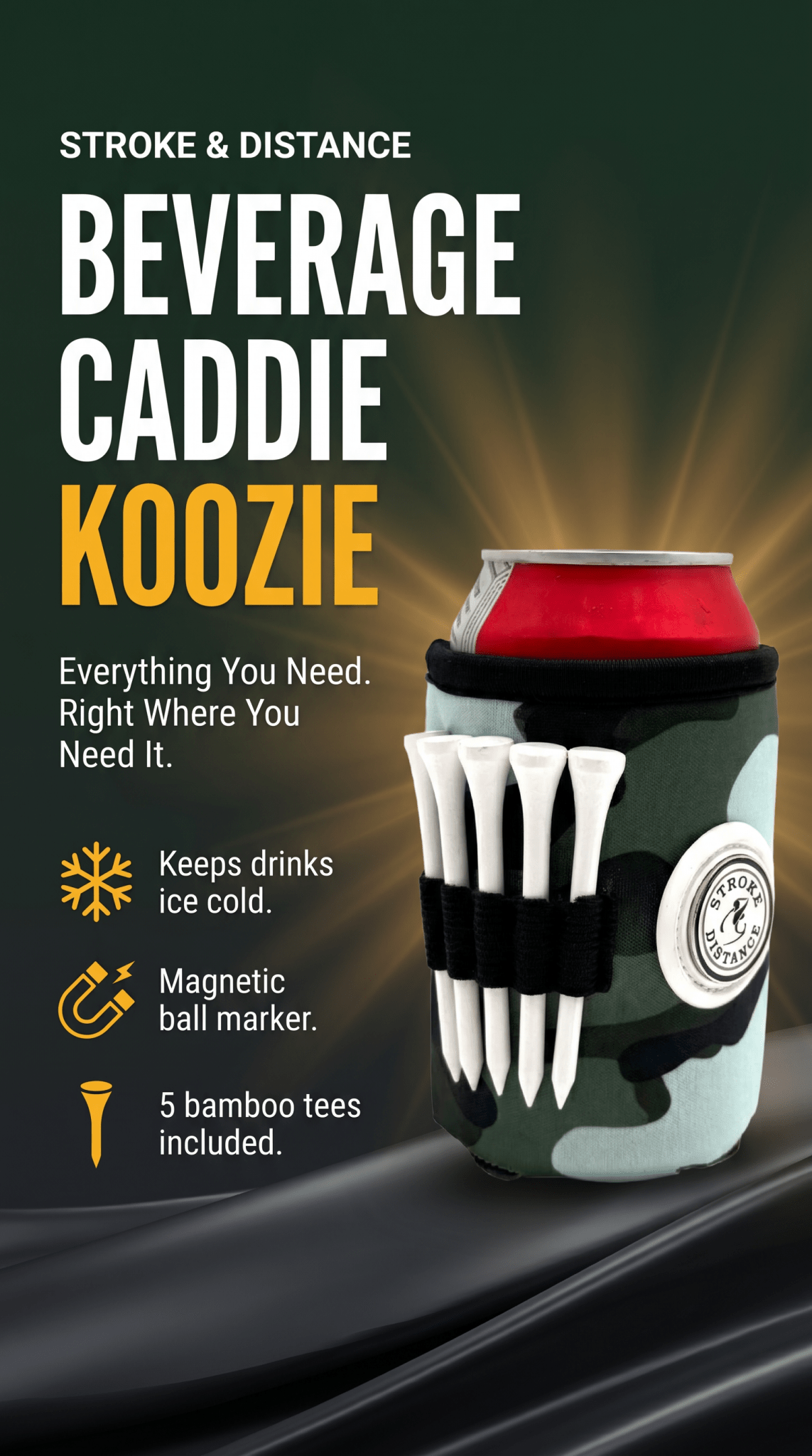 Beverage Caddie 3-in-1 Golf Insulator, Removeable Ball Marker, Bag Clip & Tees Combo - Stroke & Distance