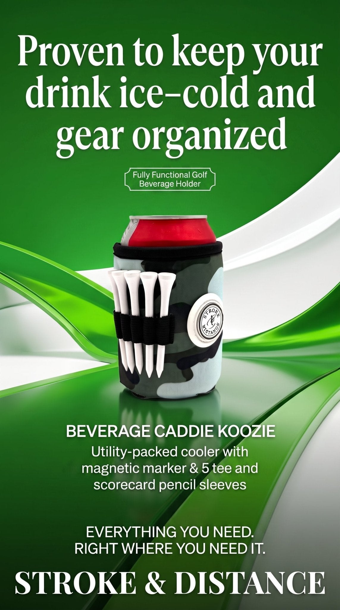 Beverage Caddie 3-in-1 Golf Insulator, Removeable Ball Marker, Bag Clip & Tees Combo - Stroke & Distance