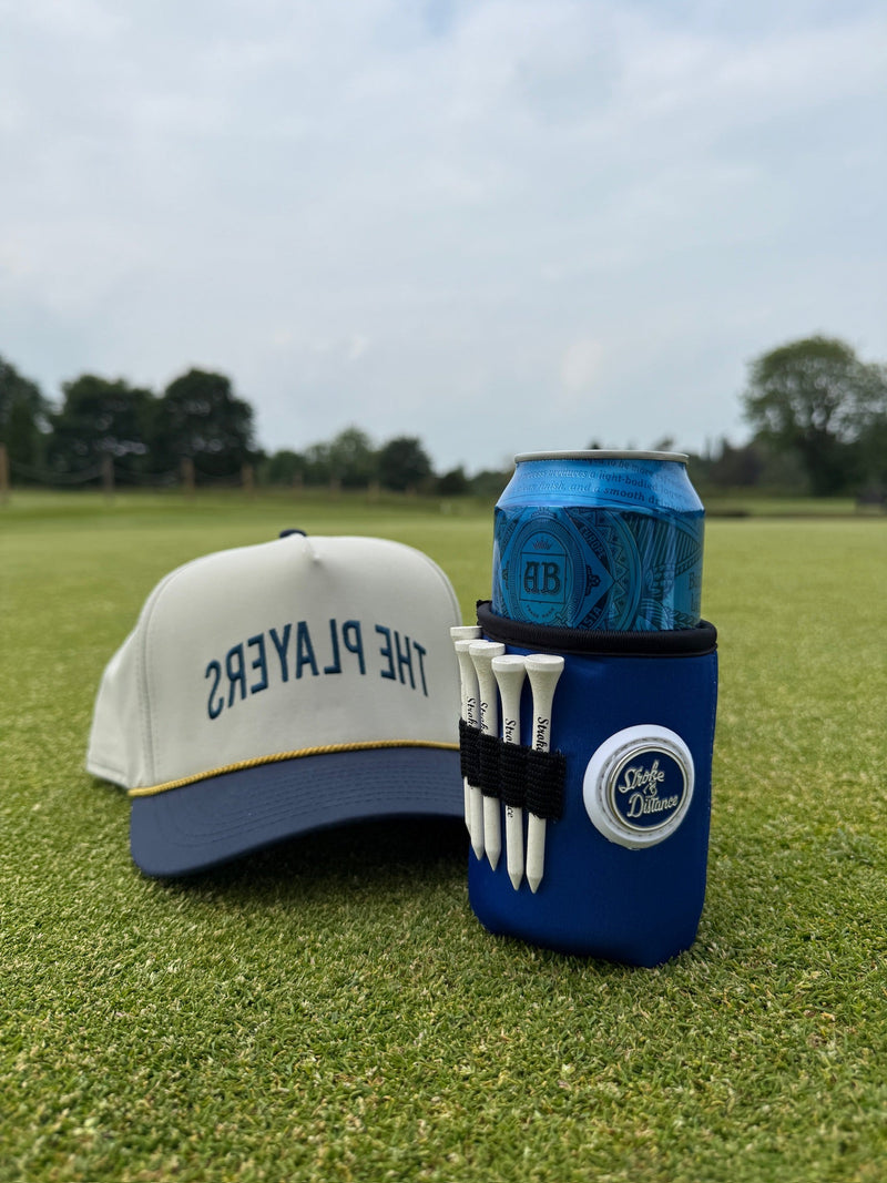 Beverage Caddie 3 - in - 1 Golf Insulator, Removeable Ball Marker, Bag Clip & Tees Combo - Stroke & Distance
