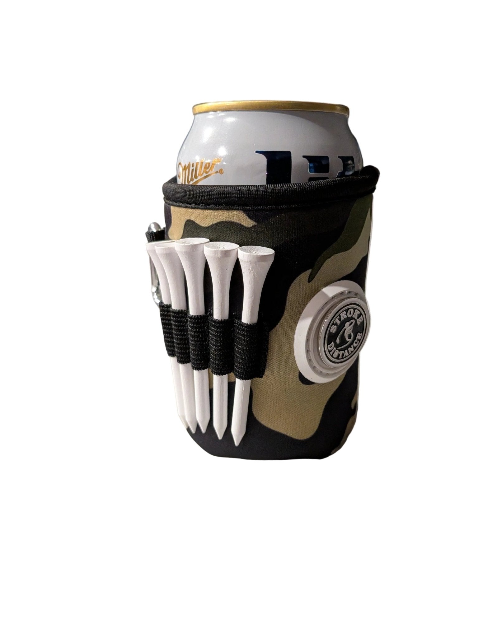 Beverage Caddie 3 - in - 1 Golf Insulator, Removeable Ball Marker, Bag Clip & Tees Combo - Stroke & Distance