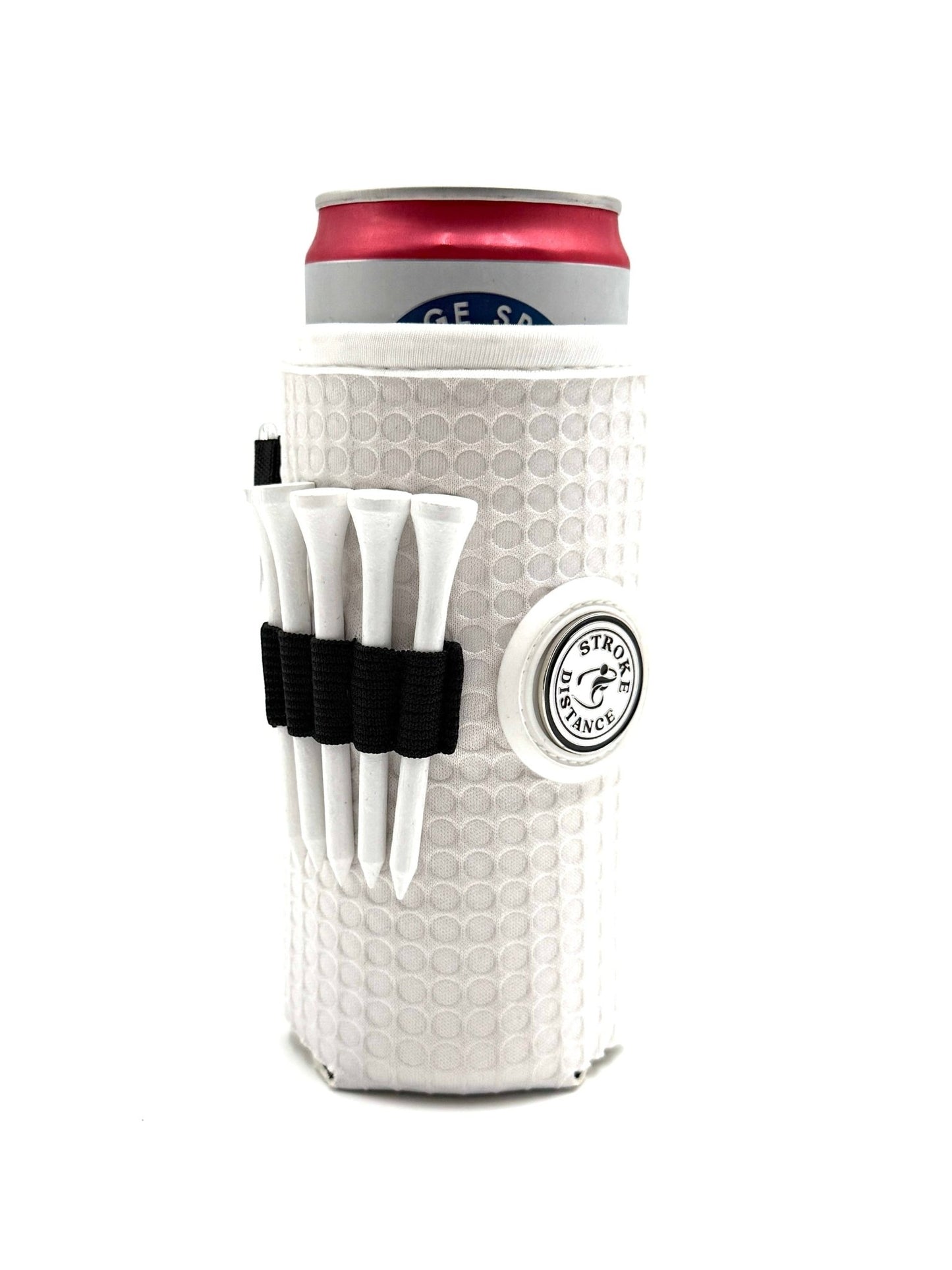 Beverage Caddie 3 - in - 1 Golf Insulator, Removeable Ball Marker, Bag Clip & Tees Combo - Stroke & Distance