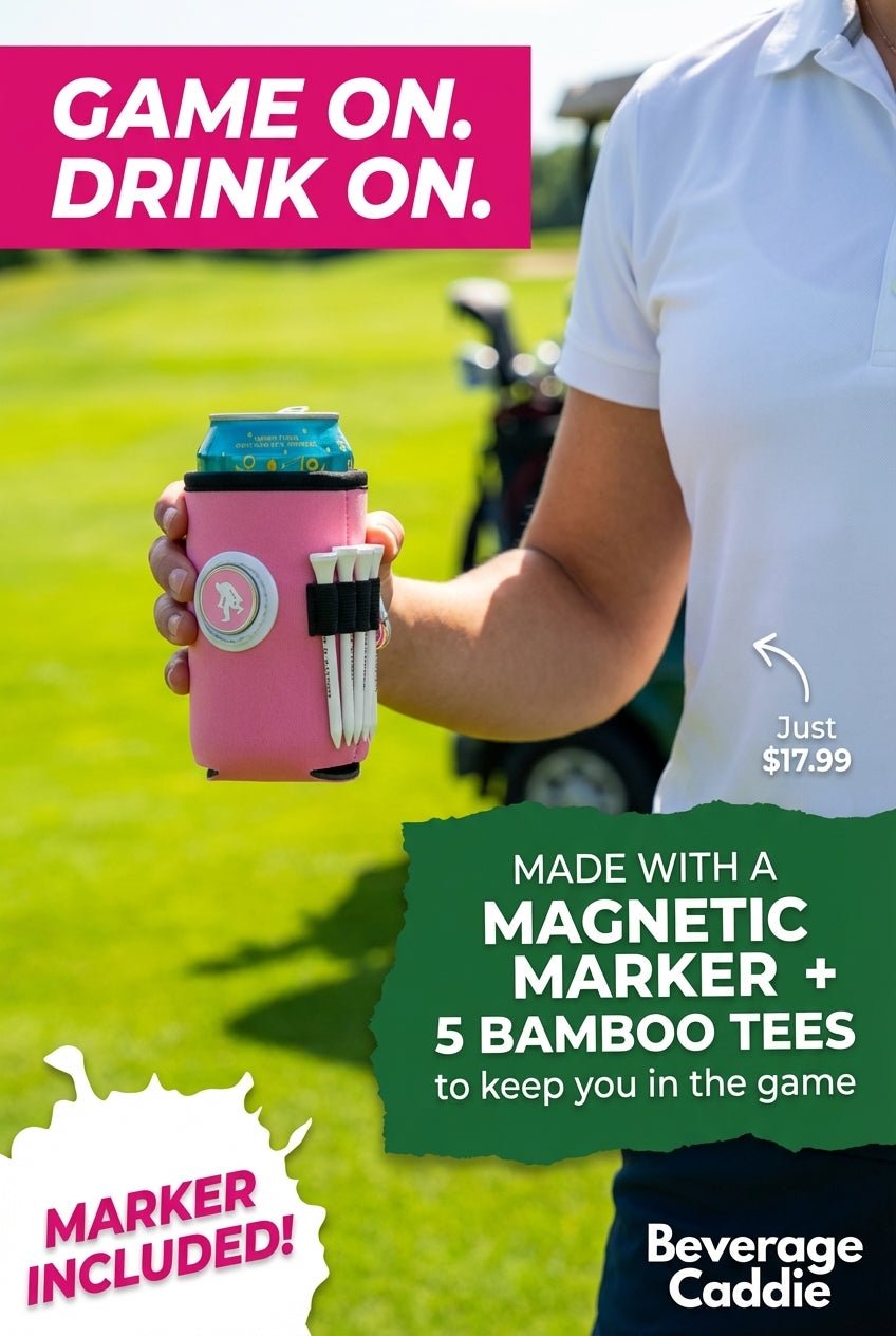 Beverage Caddie Collection (7 pack) 3 - in - 1 Golf Insulator, Removeable Ball Marker, Bag Clip & Tees Combo - Stroke & Distance