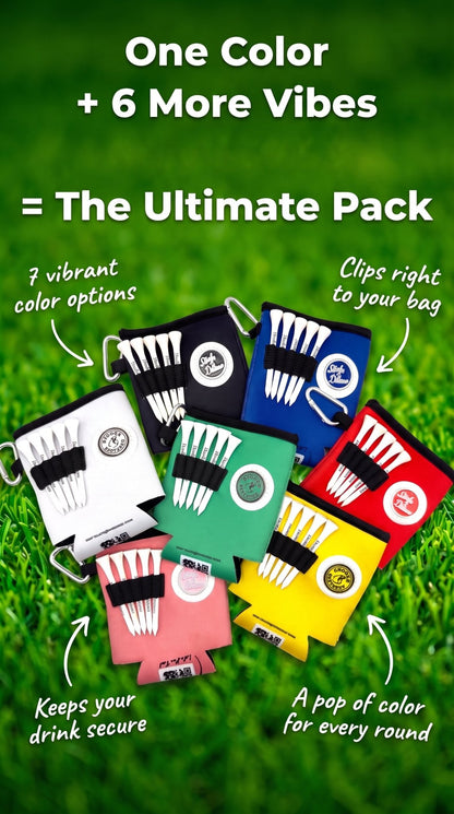 Beverage Caddie Collection (7 pack) 3-in-1 Golf Insulator, Removeable Ball Marker, Bag Clip & Tees Combo - Stroke & Distance