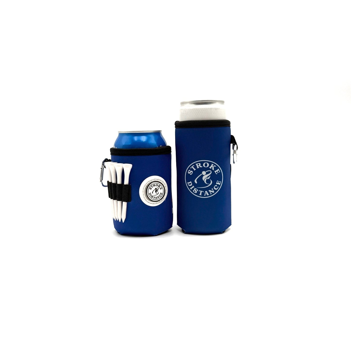 Beverage Caddie Collection (7 pack) 3 - in - 1 Golf Insulator, Removeable Ball Marker, Bag Clip & Tees Combo - Stroke & Distance