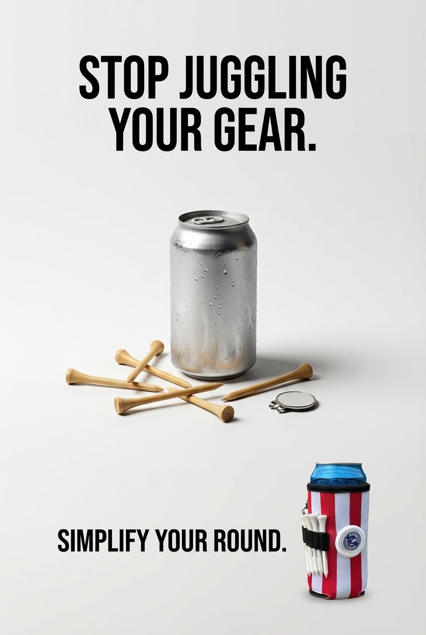 Beverage Caddie Collection (7 pack) 3 - in - 1 Golf Insulator, Removeable Ball Marker, Bag Clip & Tees Combo - Stroke & Distance