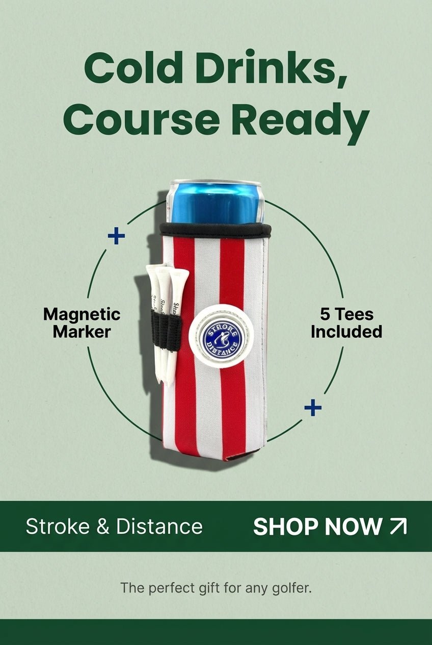 Beverage Caddie Collection (7 pack) 3 - in - 1 Golf Insulator, Removeable Ball Marker, Bag Clip & Tees Combo - Stroke & Distance