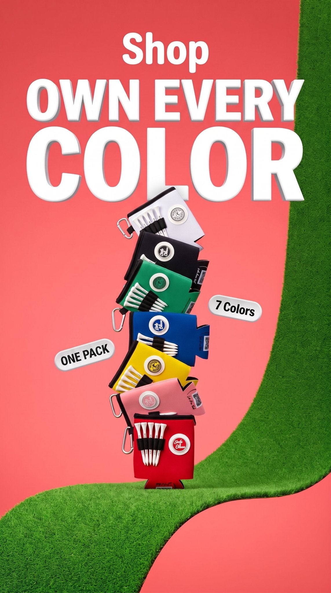 Beverage Caddie Collection (7 pack) 3-in-1 Golf Insulator, Removeable Ball Marker, Bag Clip & Tees Combo - Stroke & Distance