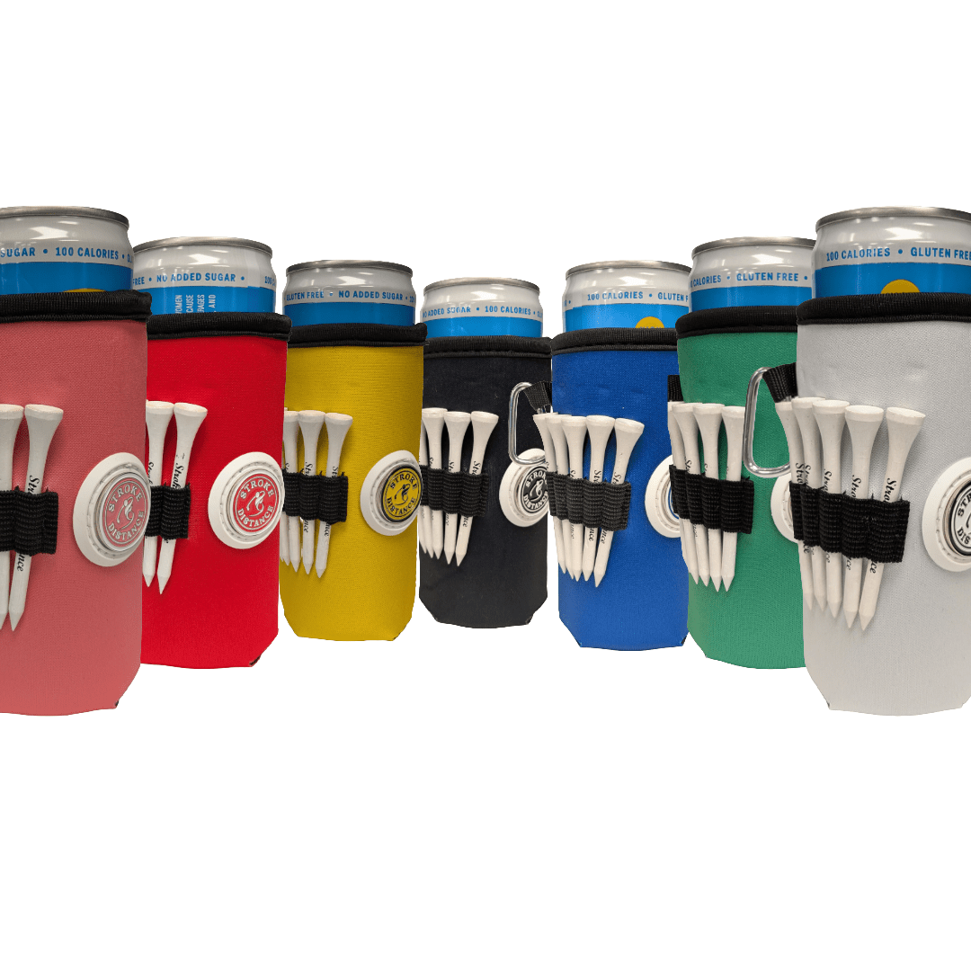 Beverage Caddie Collection (7 pack) 3 - in - 1 Golf Insulator, Removeable Ball Marker, Bag Clip & Tees Combo - Stroke & Distance