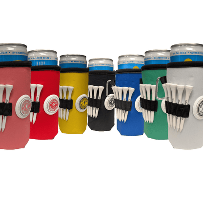 Beverage Caddie Collection (7 pack) 3 - in - 1 Golf Insulator, Removeable Ball Marker, Bag Clip & Tees Combo - Stroke & Distance