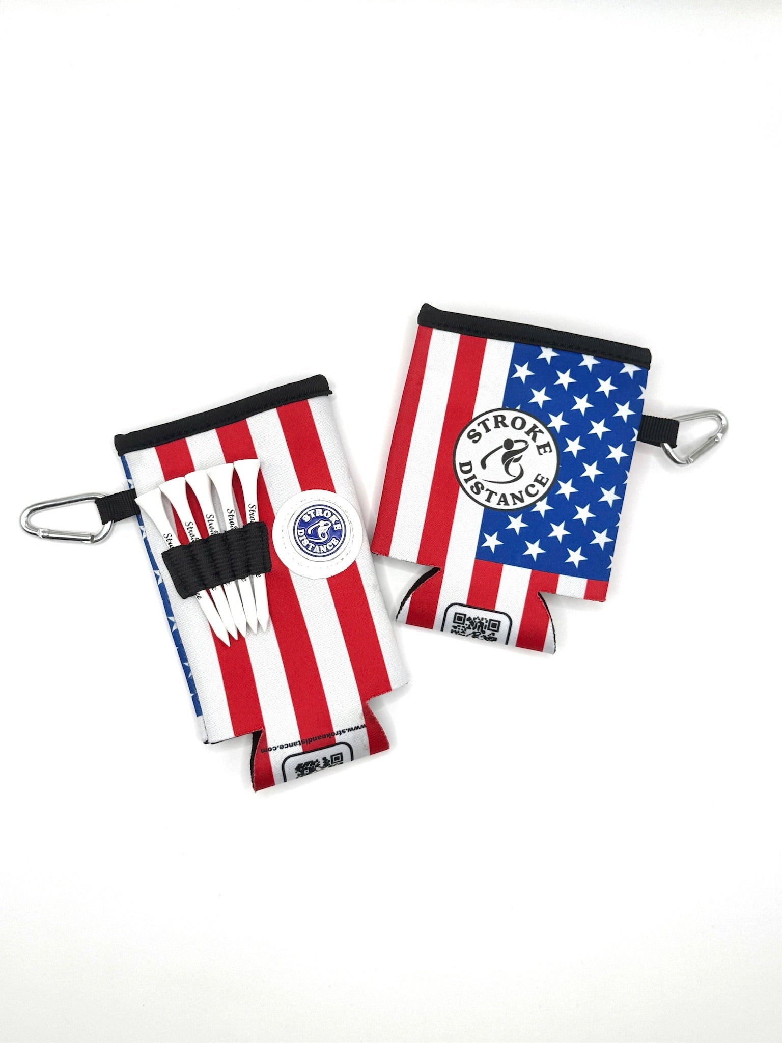 Patriotic Stars and Stripes Beverage Caddie 4 Pack, 3 - in - 1 Golf Insulator, Removeable Ball Marker, Bag Clip & Tees Combo - Stroke & Distance