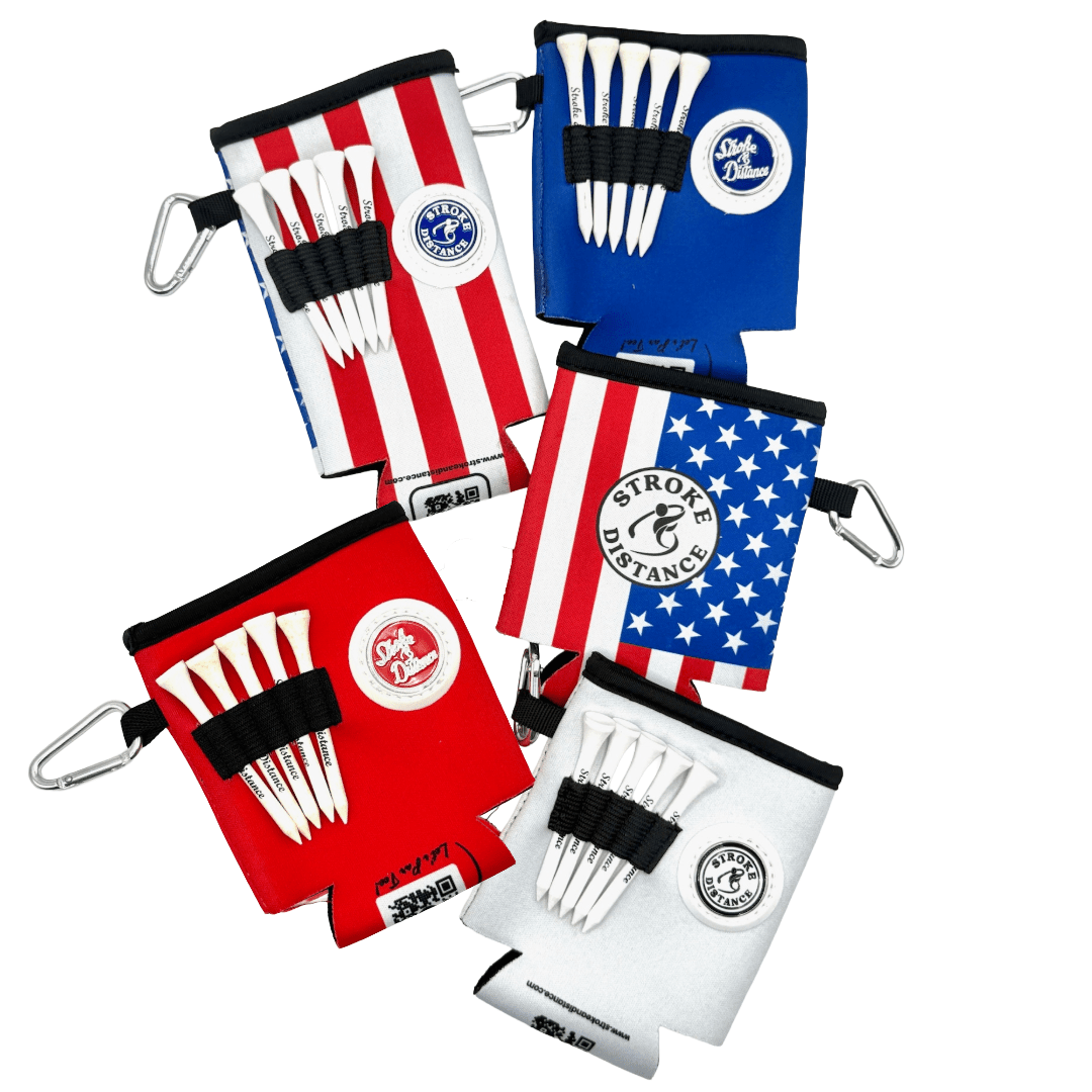 Patriotic Stars and Stripes Beverage Caddie 4 Pack, 3-in-1 Golf Insulator, Removeable Ball Marker, Bag Clip & Tees Combo - Stroke & Distance