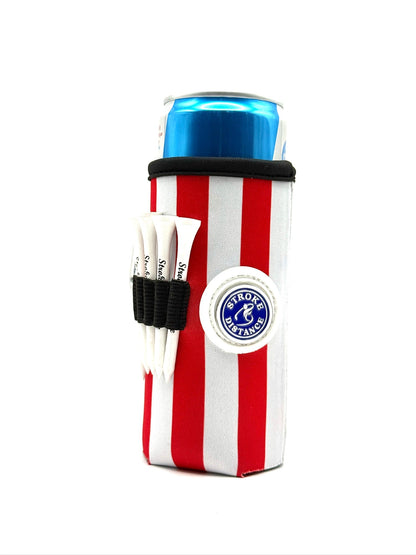 Patriotic Stars and Stripes Beverage Caddie 4 Pack, 3 - in - 1 Golf Insulator, Removeable Ball Marker, Bag Clip & Tees Combo - Stroke & Distance