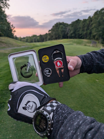 Stroke & Distance Golf Gift Set: Gift Tin, Divot Tool, Ball Marker, Hat Clip - Stroke & Distance