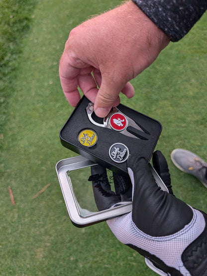 Stroke & Distance Golf Gift Set: Gift Tin, Divot Tool, Ball Marker, Hat Clip - Stroke & Distance